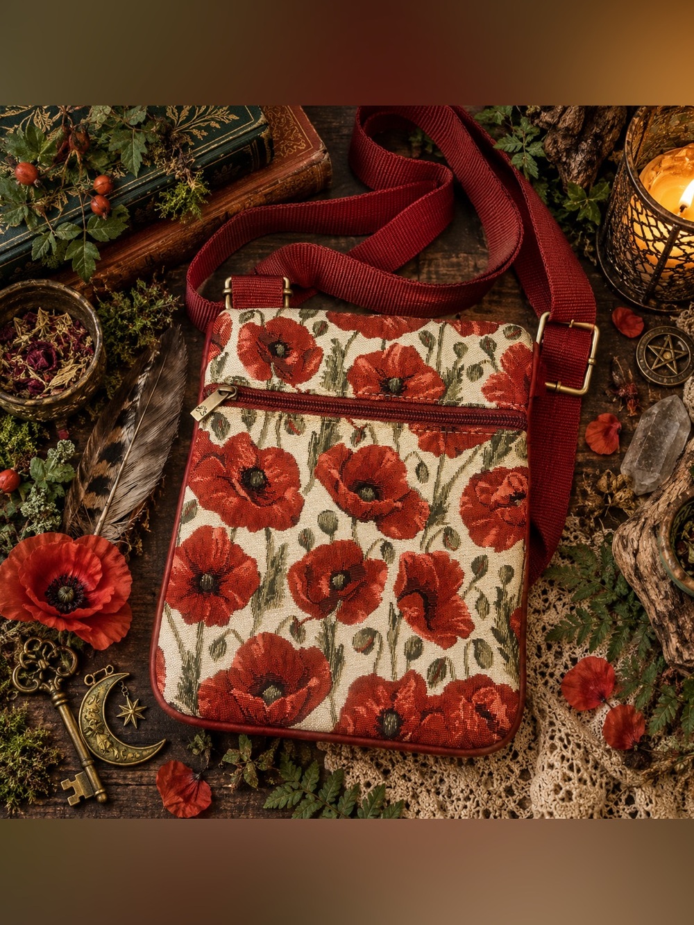 Signare Red Poppy Tapestry Crossbody Sling Bag Floral Cottagecore Purse